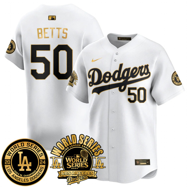 Men's Los Angeles Dodgers #50 Mookie Betts White/Gold 2024 World Series Patch Vapor Premier Limited Stitched Baseball Jersey Men's Los Angeles Dodgers #50 Mookie Betts White/Gold 2024 World Series Patch Vapor Premier Limited Stitched Baseball Jersey